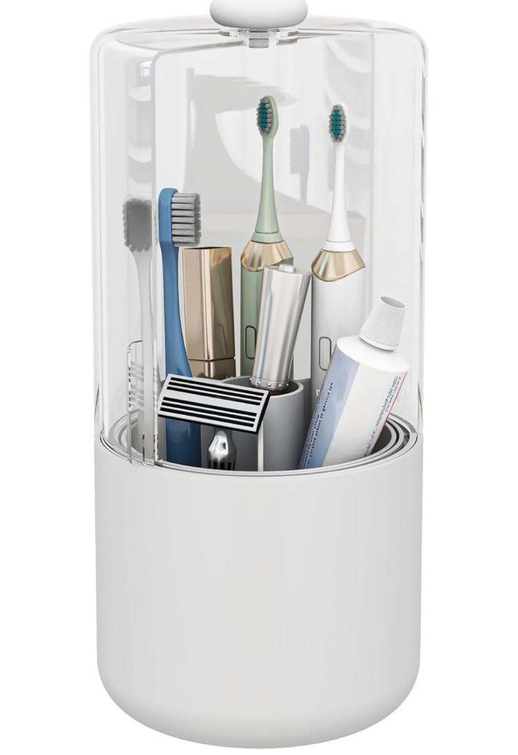 Toothbrush Holder with Cover 360 Rotating 4 Compartments Bathroom Toothpaste Electric Toothbrush Organizer, White