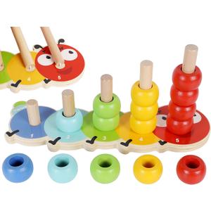 TOWO Wooden Stacking Rings Baby Lovely Caterpillar Counting Game - Colour Sorting Puzzle - 5 Pegs Ring Stacker - Counting Rings Early Learning Wooden Toys for 1 Year Old Gift First Birthday Boy Girl