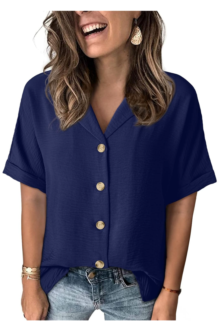 Dokotoo Women's Dressy Casual V Neck Short Sleeve Button Down Shirts Relaxed Work Business Loose Blouses Tops
Large