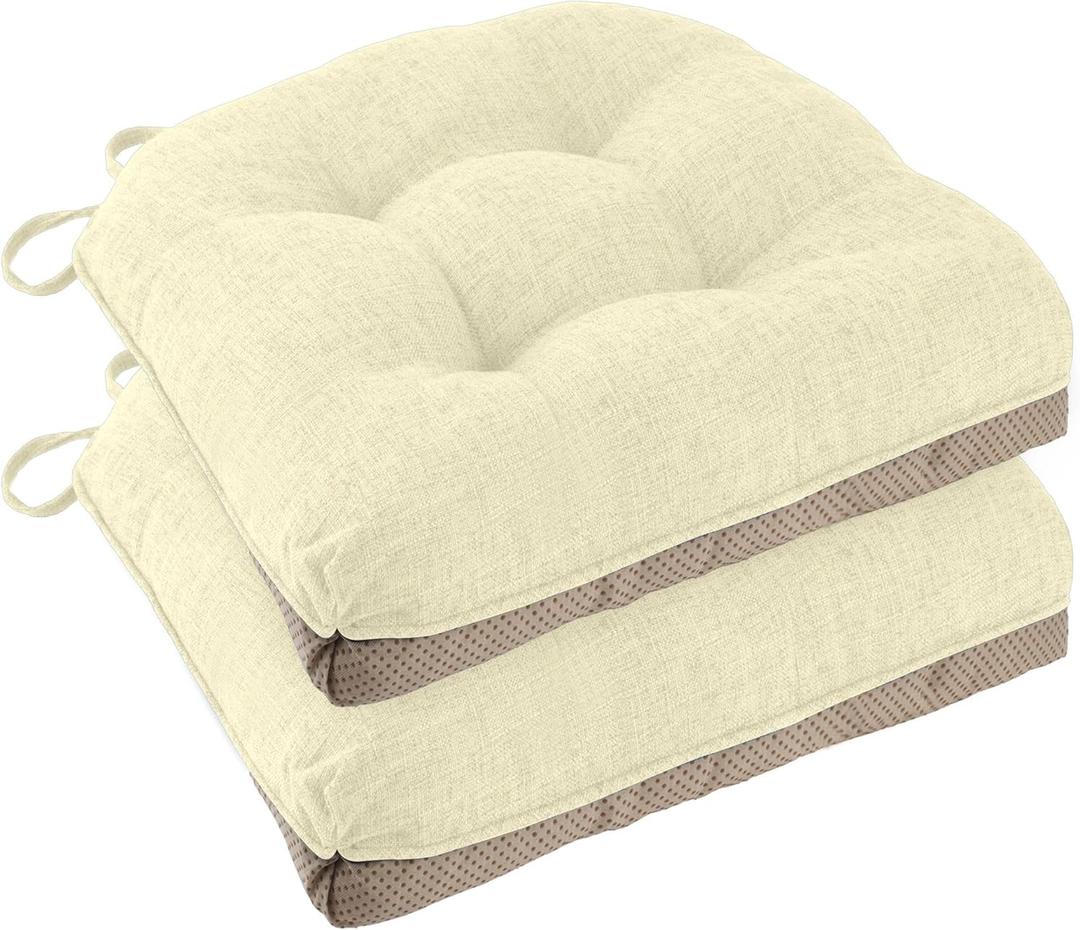 Chair Cushions for Dining Chairs 2 Pack Non Slip Kitchen Chair Cushions 18"x18"x3" Turfted Chair Pads Comfortable and Soft Seat Cushion with Ties (2, Ivory)