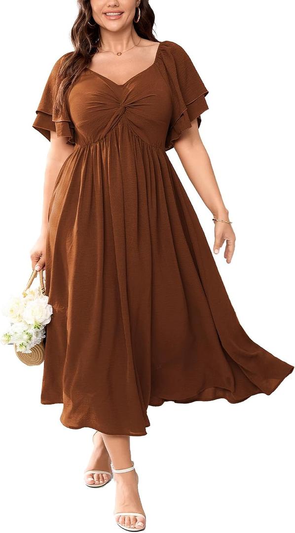 SCOMCHIC Women's Wedding Guest Cocktail Dresses Sweetheart Neckline Ruffle Sleeve A Line Maxi Dress (XXXL)