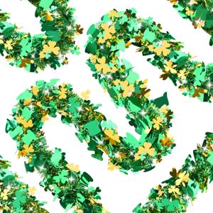 50FT St. Patrick's Day Tinsel Garland Shamrock Hat Green Gold Metallic Tinsel Twist Garland for Irish Saint Patricks Day Party Home Decor Indoor Outdoor Decoration