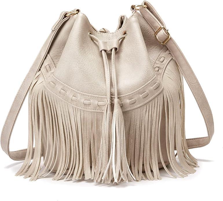 Leather Bucket Bags for Women Crossbody Fringe Purses with Drawstring Ladies Tassel Hobo and Shoulder Handbags