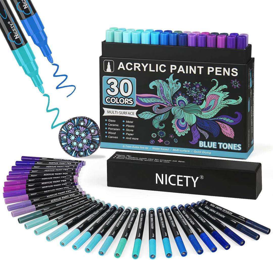 30 Colors Blue Tones Acrylic Paint Pens, Pro Color Series Markers Set with 0.7mm Extra Fine Tip for Wood, Canvas, Stone, Glass, and Ceramic- DIY Art Supplies for Kids, Adults & Artists