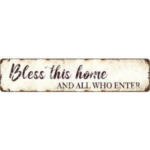 Farmhouse Bless This Home Metal Sign - 16x4 Inch Rustic Family Wall Art with Vintage Finish, Entryway Decor for Christian Households and Cozy Kitchens, Heartwarming Housewarming Gift (QQ-67)