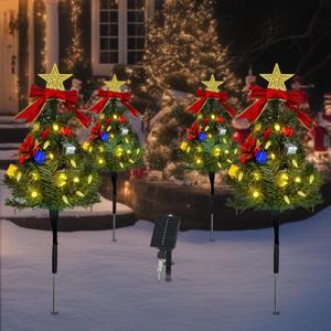 Solar Christmas Tree Pathway Lights Outdoor, Set of 4 Solar Christmas Tree Stake Lights, 80 Outdoor LEDs Xmas Decor, Christmas Decor DIY Xmas Tree Gift (Warm White)