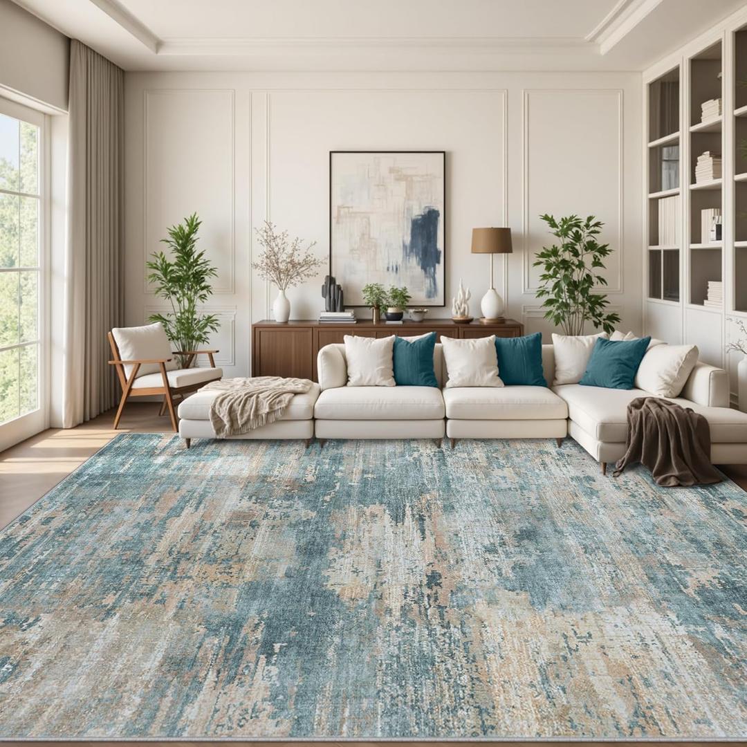 10x14 Area Rugs for Living Room: Large Machine Washable Area Rug with Non Slip Backing Non Shedding Abstract Stain Resistant Carpet for Bedroom Dining Room Nursery Home Office - Green