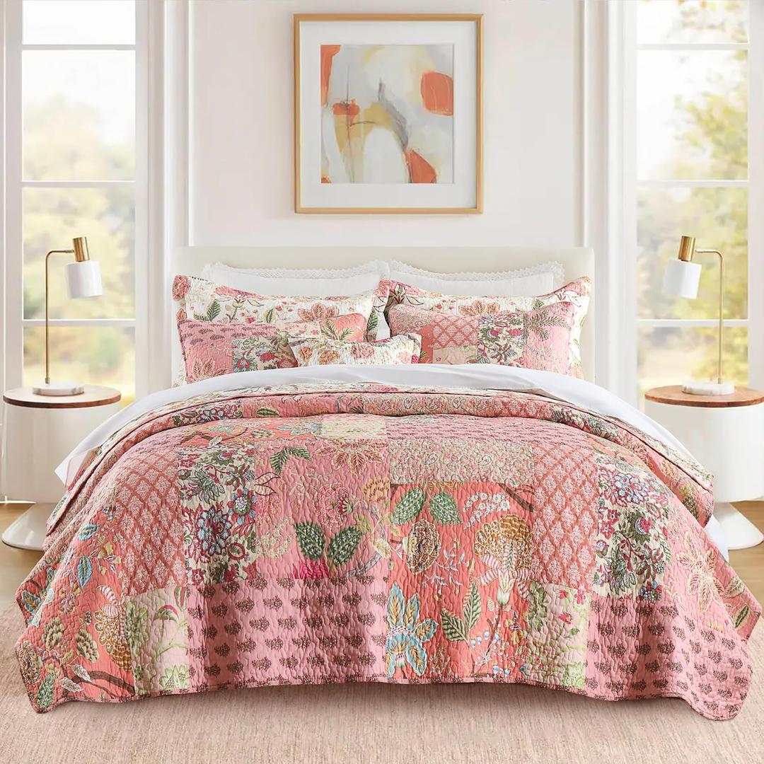 Etwel 100% Cotton Patchwork California King Quilt Set - Lightweight Breathable Reversible Bedspread for Hot Sleepers, Farmhouse Bedding Set with 2 Pillow Shams for All Season (118"x110", Pink Floral)