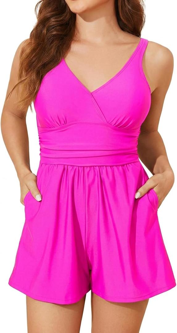 Smismivo Swim Rompers for Women Tummy Control V Neck Swimsuits with Shorts One Piece Modest Bathing Suits Full Coverage 2026 (Hot Pink, X-Large)