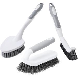 3 Pcs Scrub Brush,Multifunctional Cleaning Brush Set with Non-Slip Handle and Sturdy Bristles,Scrub Brushes for Cleaning Bathroom,Kitchen,Grout,Tile,Grey