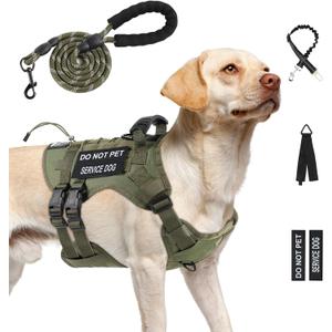 No Pull Tactical Dog Harness for Large Dogs, Escape Proof Molle Dog Vest Harness and Leash Set, Adjustable Military Service Dog Harness with Handle for Medium Large Dogs(Green, L)