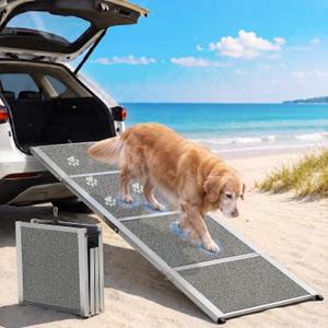 Dog Ramp for Car, 7"1L x 24"W Ultra-Wide Aluminum Outdoor Pet Ramp for Medium & Large Dogs, High-Traction Coil Surface, 4-Fold Design, Ideal for SUVs, Trucks, and Stairs, 250 lb Capacity