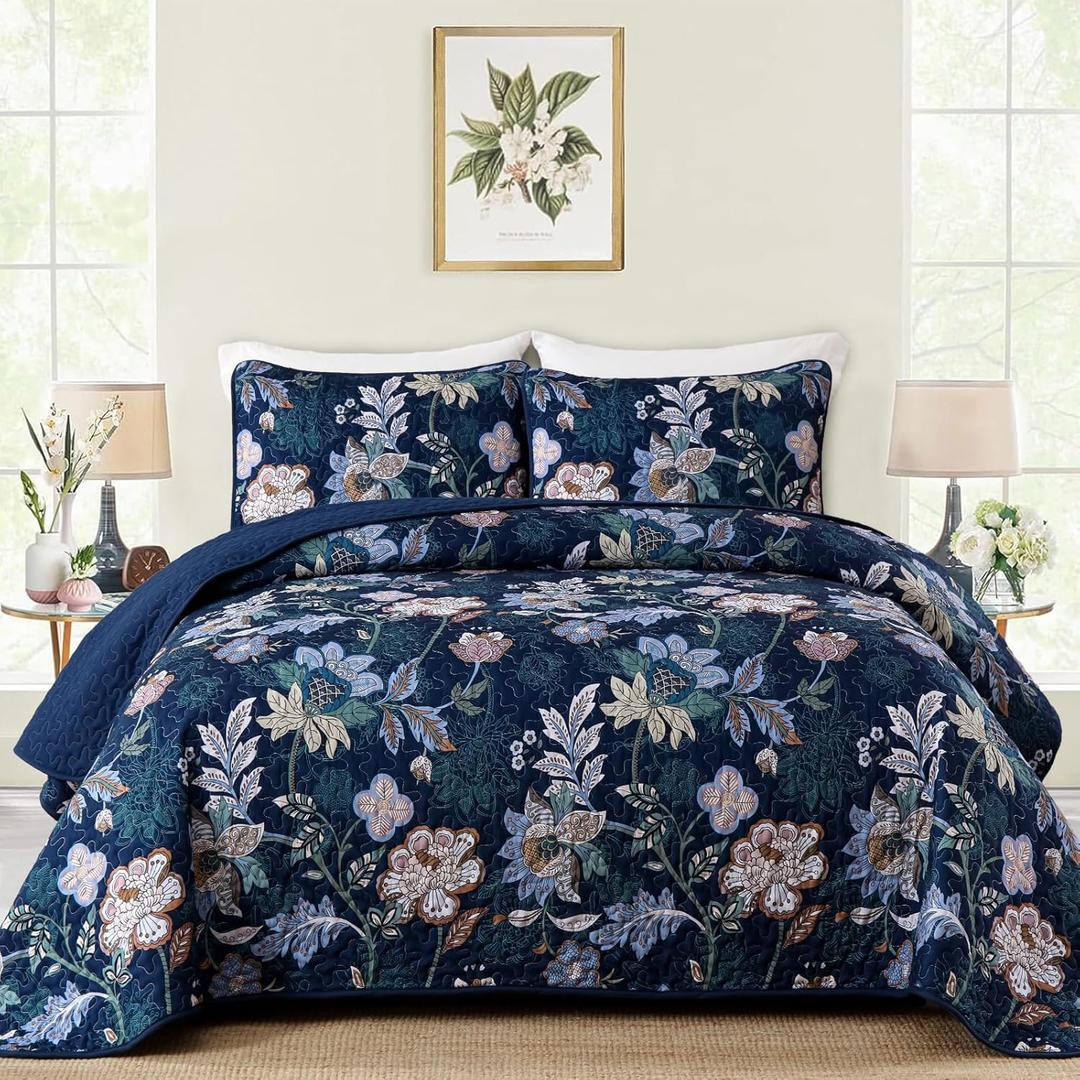 WONGS BEDDING Floral Quilt Set King Size, Navy Blue Botanical King Bedspread Bedding Sets, 3 Pieces Quilt Set with 2 Pillowcases,Soft Lightweight Microfiber Coverlet Set for All Season(104"X90")