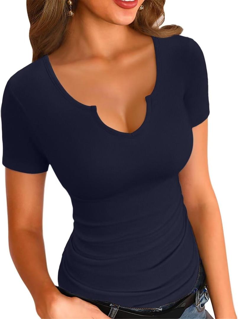 VICHYIE Womens Tops V Neck Summer Short Sleeve Casual Slim Fitted Tshirt (Small)