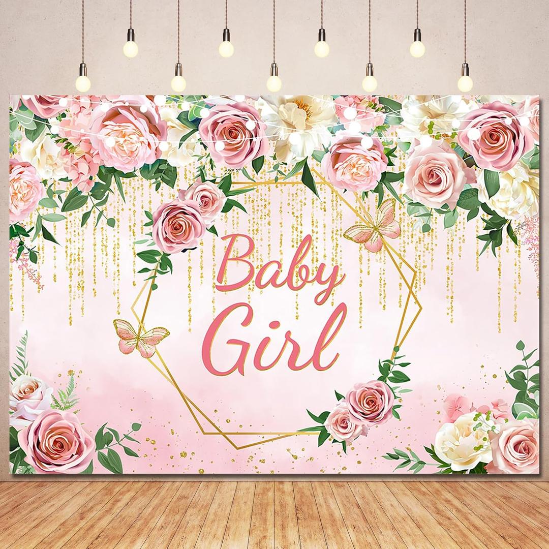 Pink Rose Flower Baby Girl Baby Shower Backdrop Party Decorations,Blush Floral It's Sweet Girl Backdrops Banner Photography Background for Princess Baby Shower Party Photo Booth Supplies 8x6ft