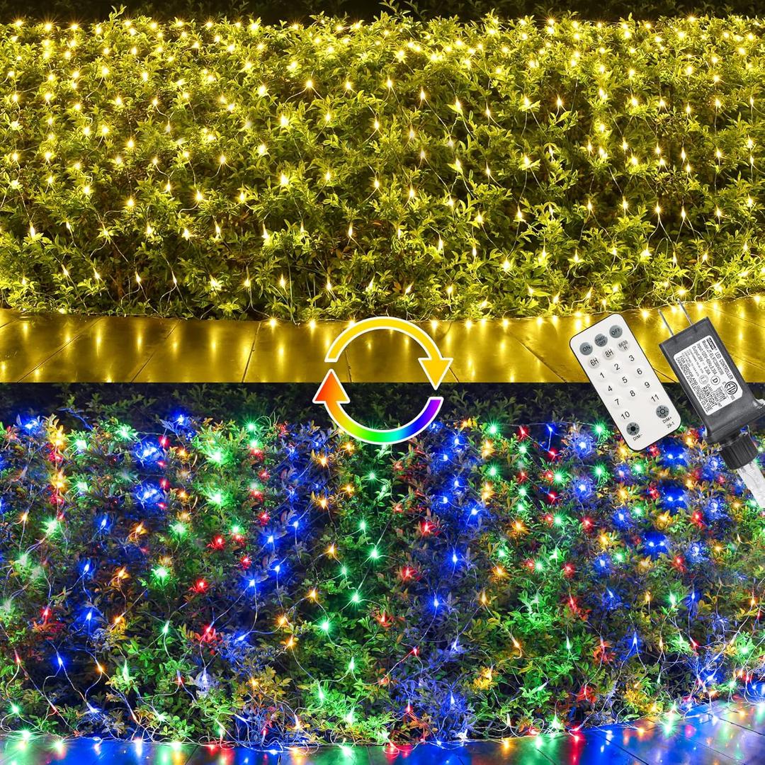 LYHOPE 12ft x 5ft 360 LED Christmas Lights, 11 Modes 30V Christmas Net Lights, Warm White-Multi Color Changing Mesh Decorative Net Light for Xmas Tree Bush Wedding Garden Outdoor Indoor Decor