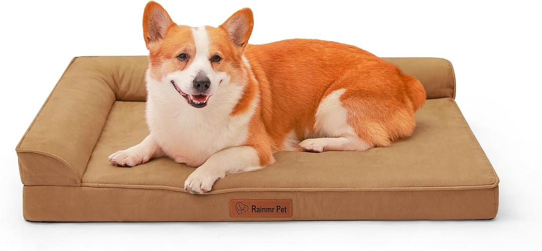 Orthopedic Dog Bed Medium Size Dog, Memory Foam Dogs Bed for Medium Dogs, Washable and Removable Microsuede Cover, Waterproof Liner, Non-Skid Bottom, 35x23x6 Inches, Khaki (Upgraded Version-Khaki)