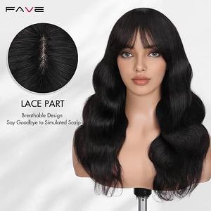FAVE Natural Wave Human Hair Wigs with Bangs 20" Brazilian Virgin Human Hair 1×3 HD Lace Top Wig Black Wig with Bangs Glueless Wigs Easy Install