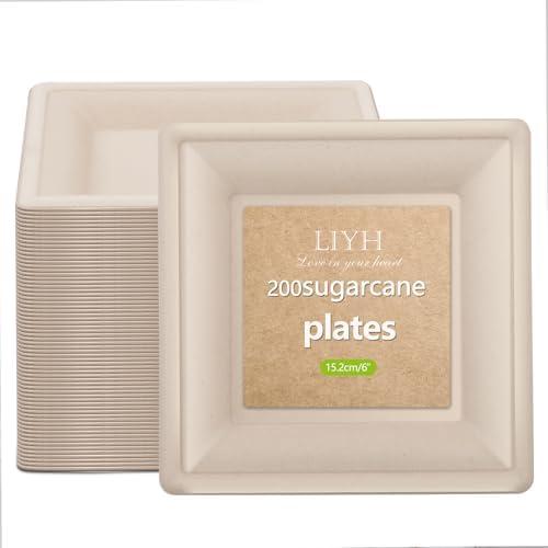 LIYH 200 Pack 6 Inch Compostable Sugarcane Square Small Paper Plates – Biodegradable Dessert & Cocktail Plates Disposable, Made of Sugar Cane Fibers Brown