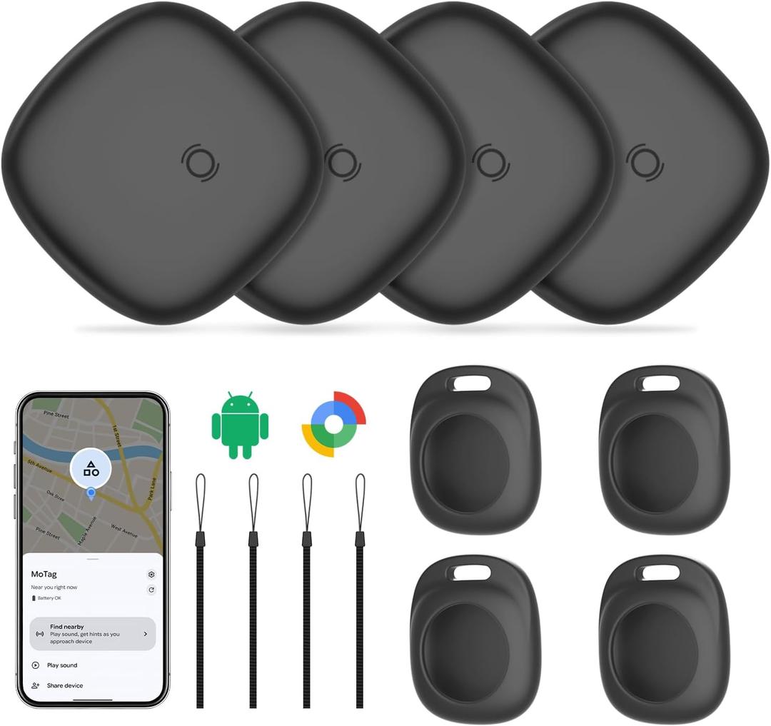 Android Air Tracker 4 PackLuggage Tracker Tags Compatible with Google Find Hub App (Android Only) Bluetooth Tracker with 4 Case Key Finder and Item Locator for Wallets, Backpack, Suitcases-Black