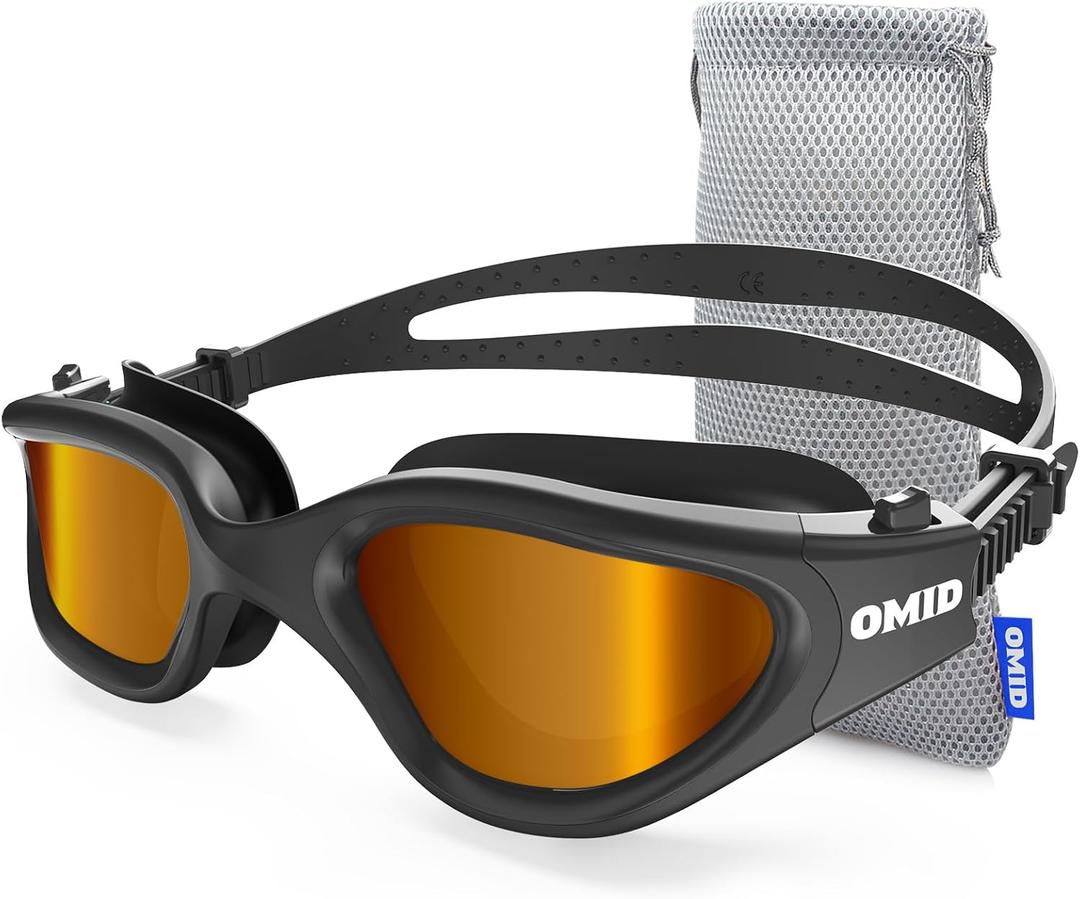 OMID Swim Goggles, P2 Polarized Swimming Goggles for Men Anti-fog Goggles Swimming for Adult Women (B7-all Black Frame Coffee Lens)