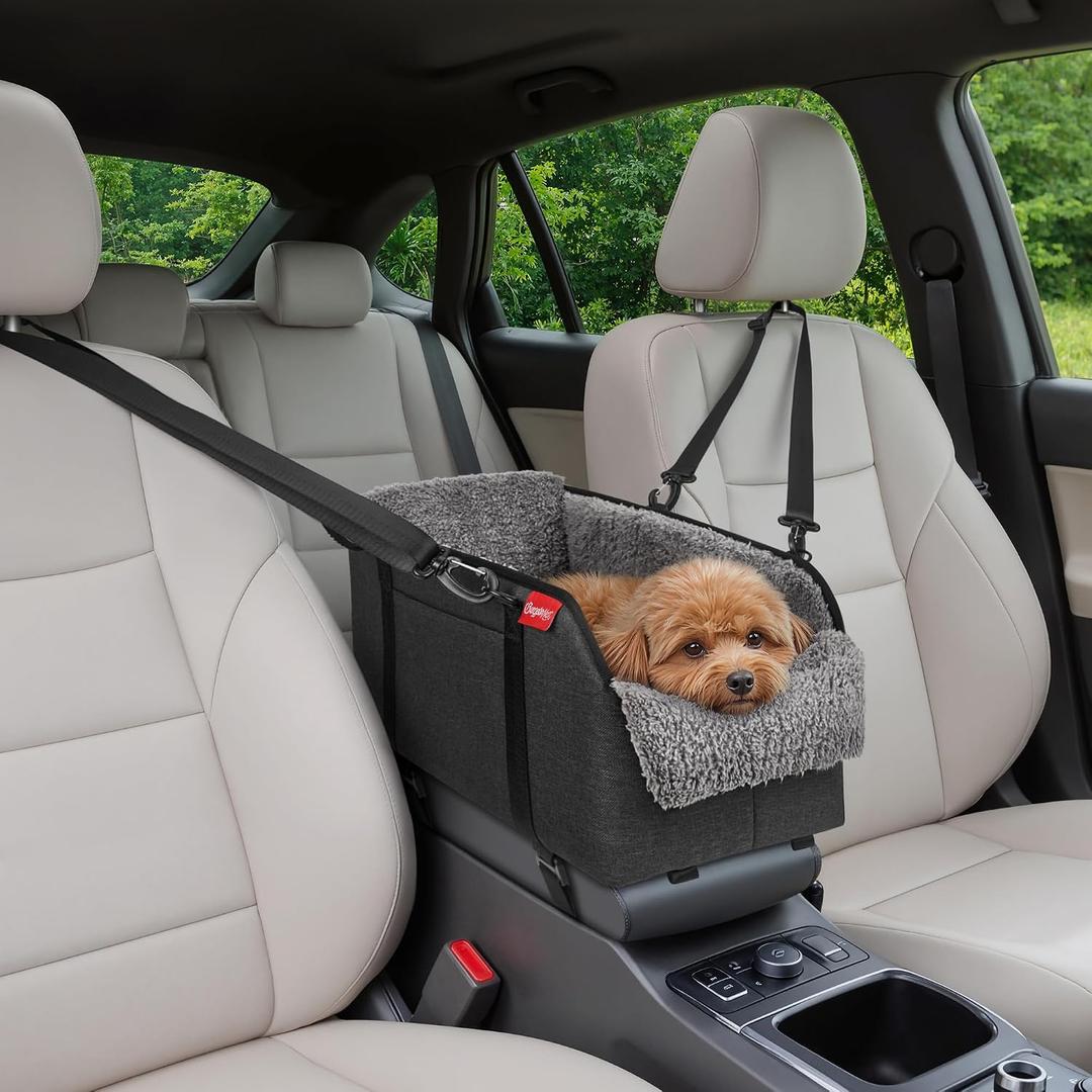 BurgeonNest Center Console Small Dog Car Seat - Portable Pet Cat Puppy Booster Armrest Carseat Up to 11lbs, Anti-Collapse Comfort Car Travel with Washable Fluffy Cushion and Pillow, Grey