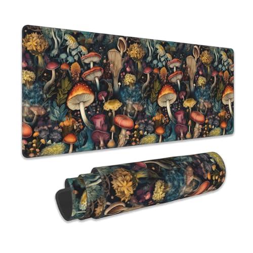 Mushrooms Desk Mat, Vintage Mushroom Floral Extended Gaming Mouse Pad Large, Big Desk Mat with Non-Slip Base and Stitched Edge, Long Computer Keyboard Mouse Mat for Home Office Work 31.5"x11.8"
