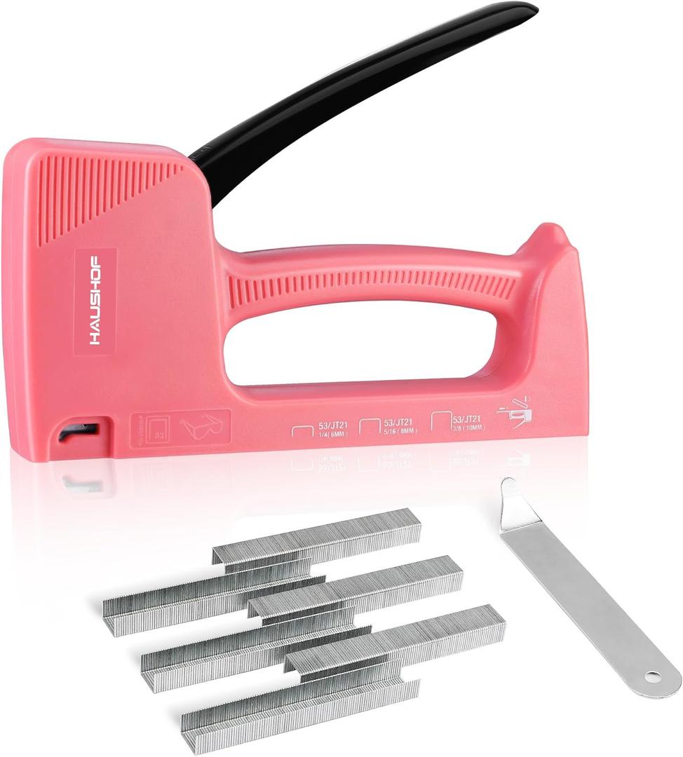HAUSHOF Light Duty Staple Gun, Upholstery Staple Gun with 800PCS JT21 Staples and Stapler Remover, Fits JT21 Staple of 1/4'', 5/16'' & 3/8'', Used for Wood, Classroom, Crafts, DIY, Decoration (Pink)