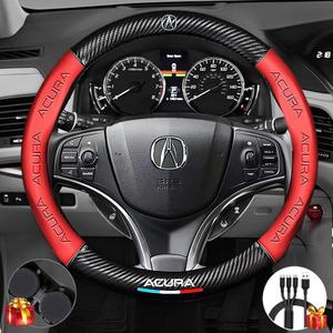Steering Wheel Cover Compatible with Ni, Nappa Leather&Carbon Fiber Texture Steering Wheel Cover, 14.5-15 Inch Diameter with 2 Coasters and USB Fast Charging Cable (Red)