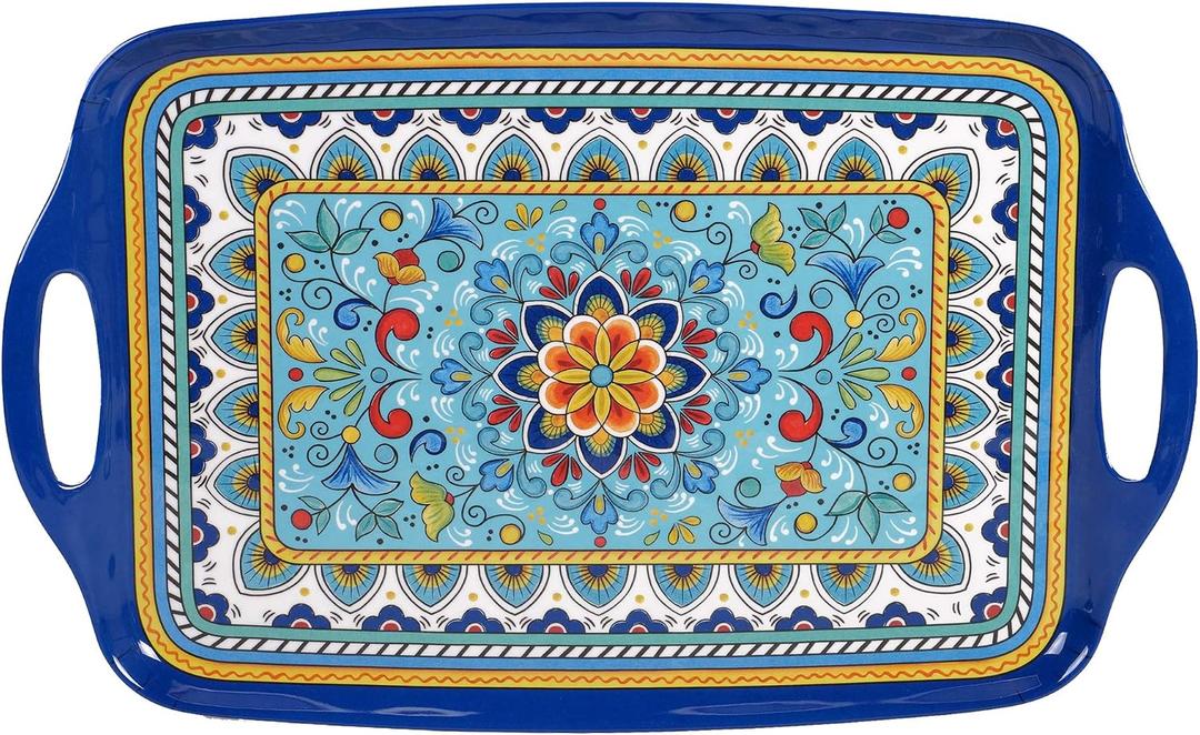 Certified International 28184 Melamine Heavy Weight Collection Portofino Rectangular Tray with Handles, 750 Grams, 19-inch Length, Multicolor