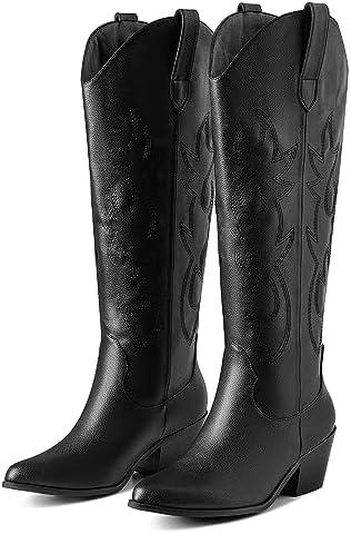 Erocalli White Cowgirl Boot Cowboy Boots for Women Embroidered Pull-On Chunky Stacked Heel Knee High Western Boots Size 10