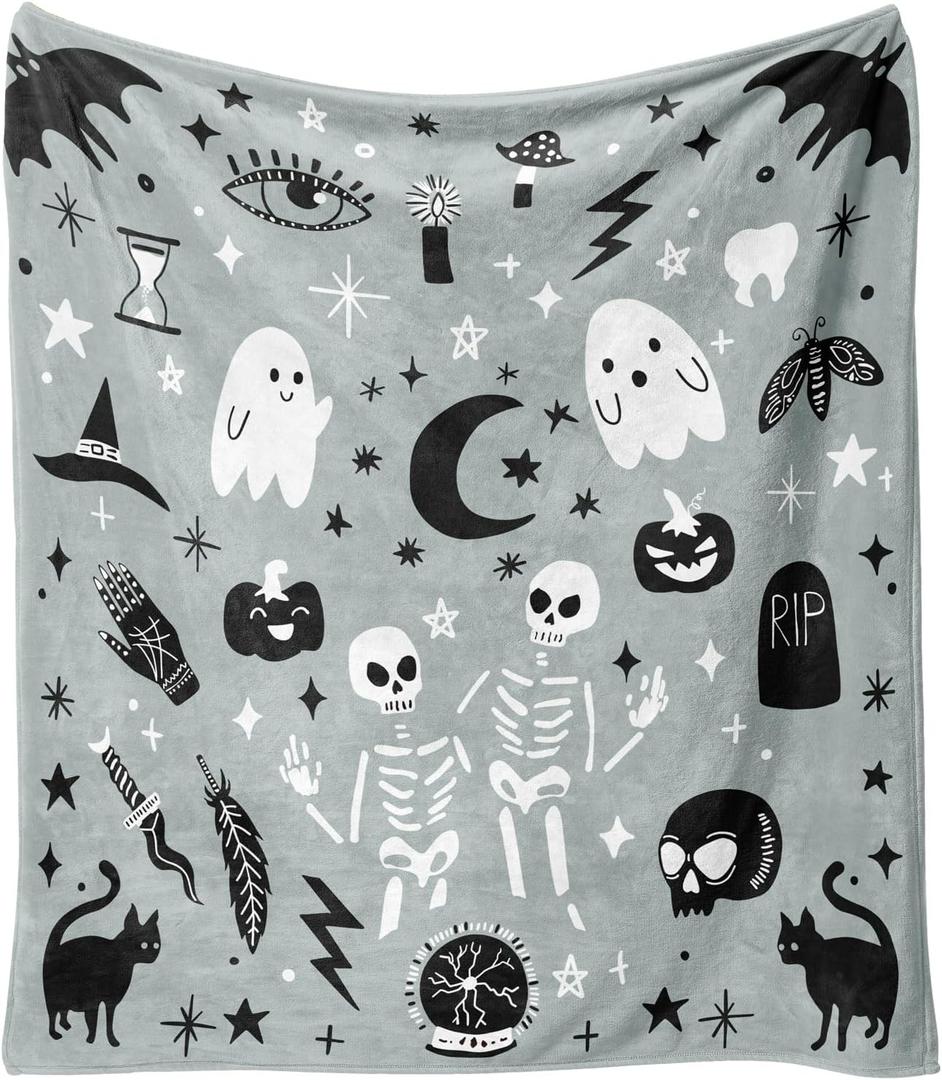 Halloween Blanket,Cute Kawaii Ghost Skeleton Goth Occult Creepy Witch Pumpkin for Women,Halloween Flannel Fleece Throw Blanket for Home Living Room Bed Chair Decor Blue 60"x50"