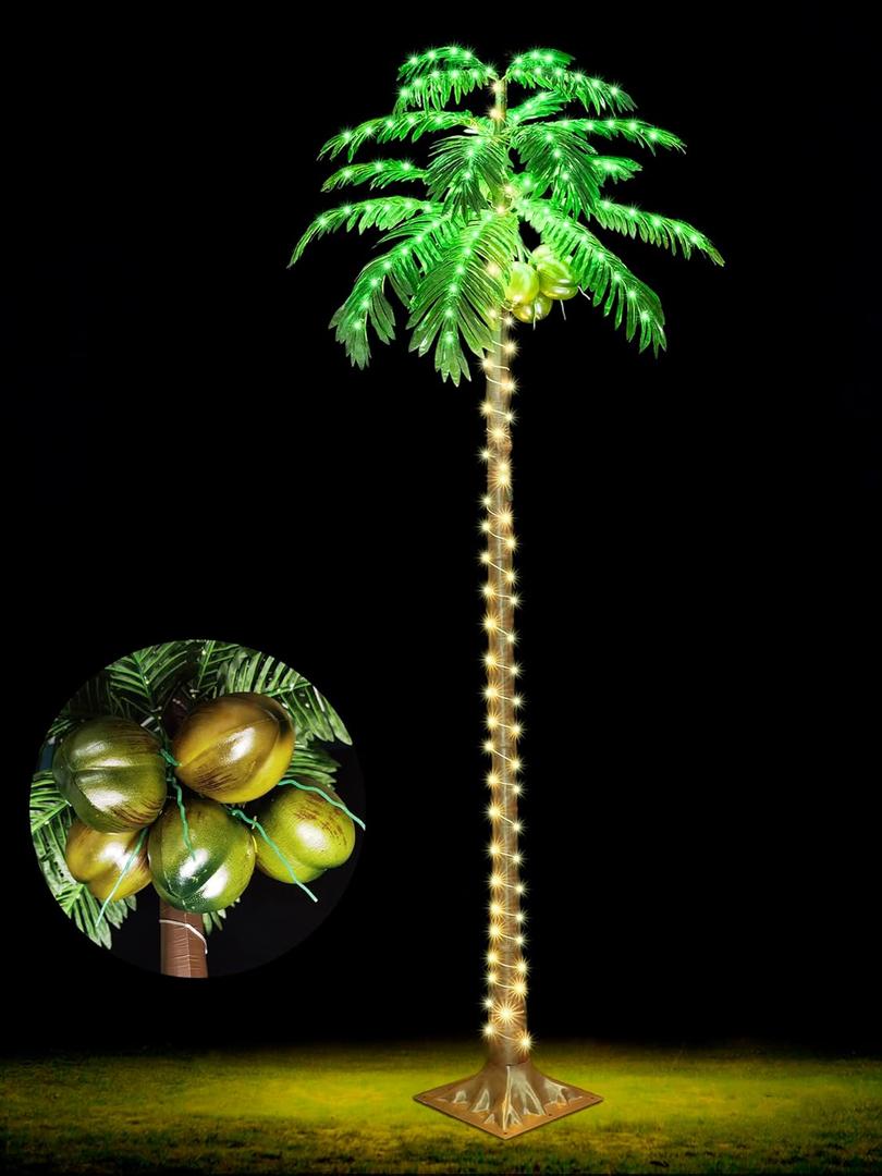 7 FT LED Lighted Palm Tree with Coconuts Outdoor Artificial Tropical Palm Tree Lights for Patio Pool Hawaiian Luau Jungle Party Tiki Bar Christmas Indoor Decoration (Warm White Plug)