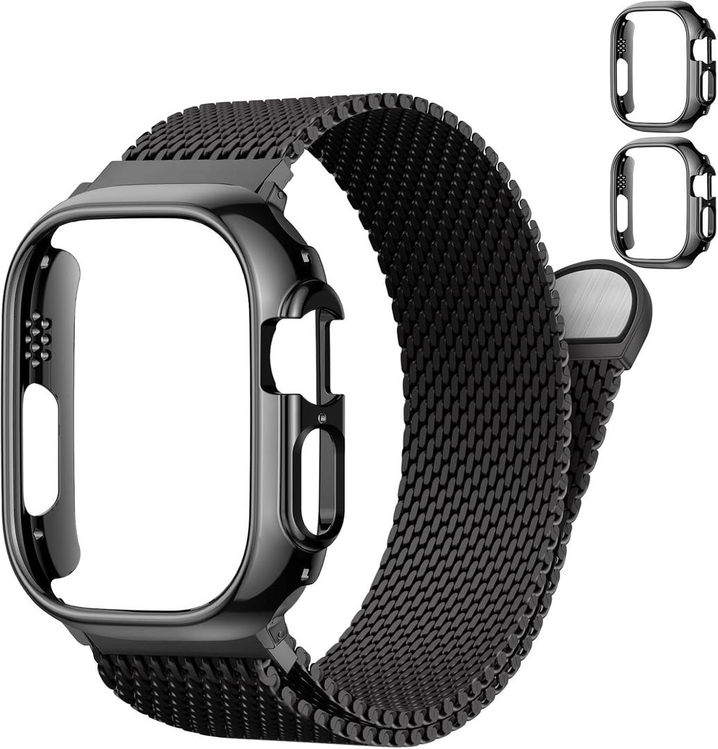 Milanese Loop and Case for Apple Watch 3 2 1 Bands for Men 49mm 44mm 46mm 45mm 42mm 41mm 40mm 38mm,Magnetic Stainless Steel Mesh Metal Strap Bracelet With PC Cover for iWatchSeries 11 10 9 8 7 6 5 4 3
