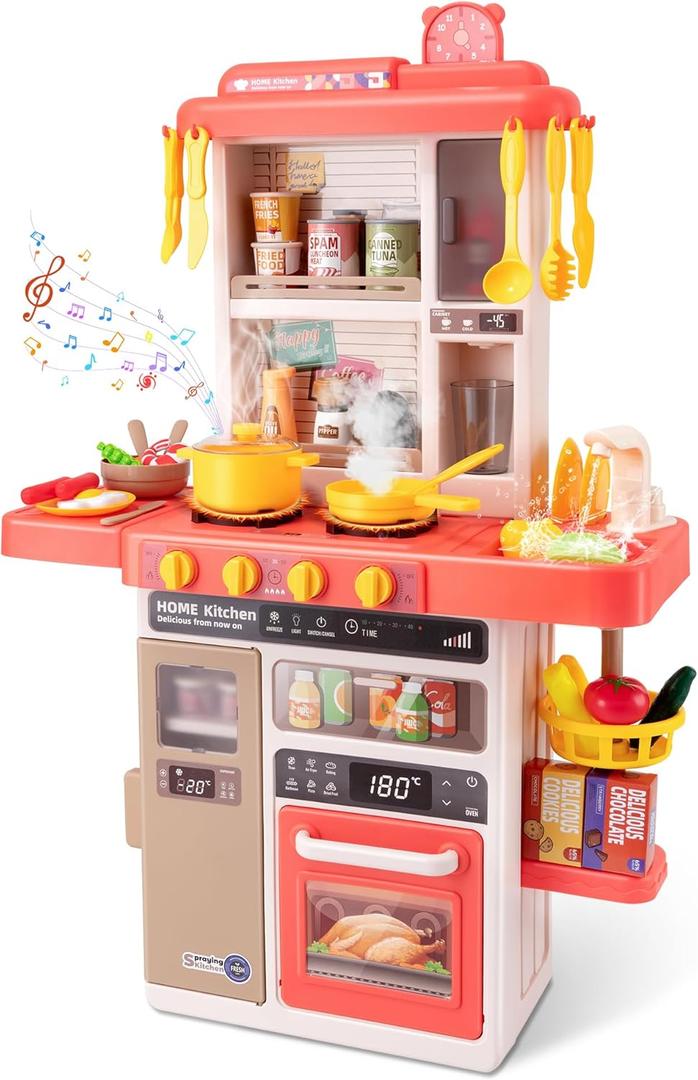 Kids Kitchen Play SetInteractive Kids Kitchen Play Set with 50Pcs of Pretend Kitchen ToysRealistic Sound Effectsand Simulated Functionality - Suitable for Toddlers Aged 3-5 Years(Pink)