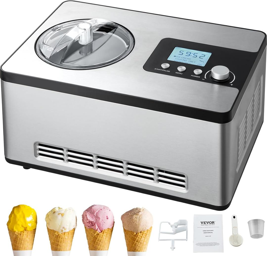 VEVOR Automatic Ice Cream Maker with Built-in Compressor, 2 Quart No Pre-freezing Fruit Yogurt Machine, Stainless Steel Electric Sorbet Maker, 3 Modes Gelato Maker with LCD Display & Timer, Silver (Horizontal)