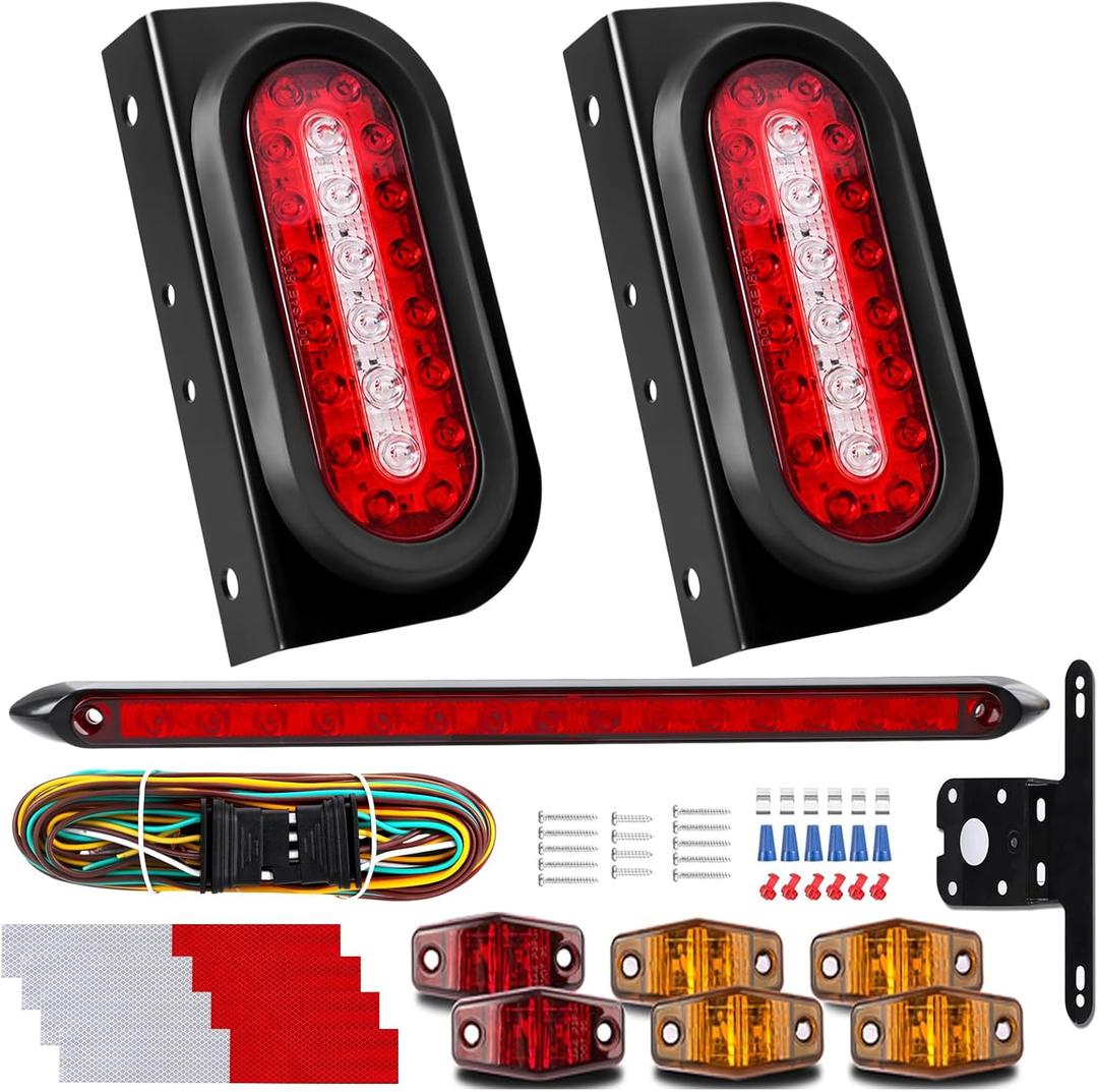 LIMICAR LED Trailer Lights Kit, 6 Inch Oval Tail Lights with Backup Reverse, DOT Compliant IP67 Waterproof, Brackets + 25FT 5-Pin Harness + 13.8" Light Bar + Markers, Stop Brake Turn for Boat RV Truck