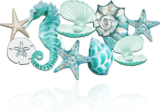 Pinkunn Metal Beach Wall Decor Seashell Beach Themed Bathroom Decor Rustic Nautical Ocean Coastal Starfish Seahorse Themed Wall Art for Living Room Bathroom Bedroom,15.8 Inch(Aqua Blue)