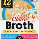 INABA Churu Broth for Cats, Side Dish Pouch, 1.4 Ounces per Pouch, 12 Pouches, Chicken & Seafood Variety (EXP 11/18/27)