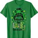 One Lucky Lunch Lady Shamrock Messy Bun Funny St Patrick Day T-Shirt (Green, S)