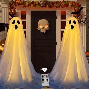 DAZONGE 2 Packs Halloween Decorations Outdoor, Spooky Halloween Ghost Decor with Remote String Lights Battery Operated, Easy to Assemble Ghost Decorations for Front Porch Yard