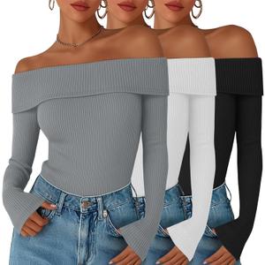 3 Pack Women's Off The Shoulder Sweaters Long Sleeve Ribbed Knit Top Slim Fit Fall Shirt Going Out Pullover Sweater (M)