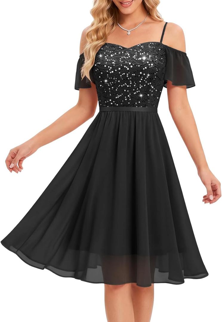 MUADRESS Women's Bridesmaid Wedding Guest Dress 2026 Sparkly Lace Cocktail Prom Party Dresses for Teens Spaghetti Strap , Large, Black