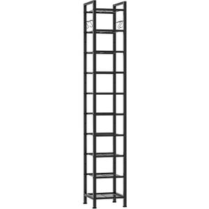USIKEY 10 Tiers Narrow Shoe Rack for 10-20 Pairs - Sturdy Metal Tall Shelf With 4 Hooks, Slim Storage Organizer, Space Saving Vertical Design for Entryway, Closets - Black (10 Tier ( 12.6 x 11 x 69.5 inches))