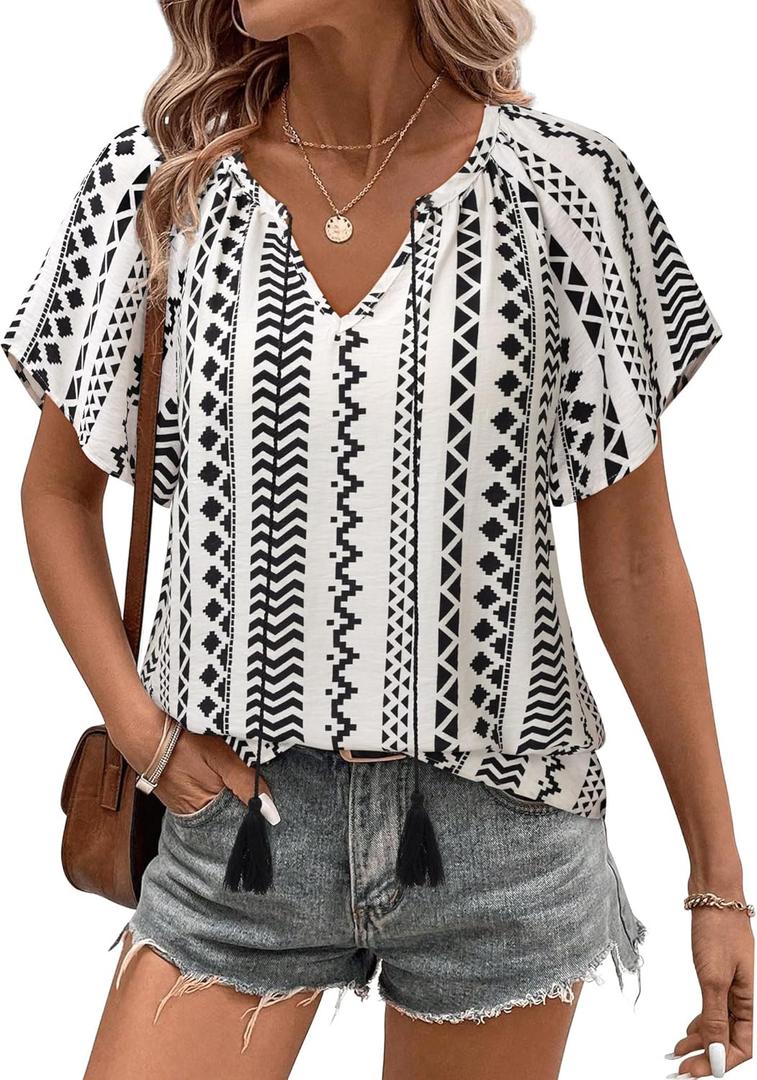Unixseque Summer Tops for Women Casual Boho Blouses Short Sleeve V Neck Shirts Tie Front 2025 Trendy Beach Vacation Clothes (XX-Large, Black White Stripe)