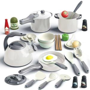 Bruvoalon 32Pcs Kids Play Kitchen Toys Set, Toddlers Pretend Cooking Playset Acccessories with Pots Pans, Utensils Cookware, Foods, Canned Veges, Learning Gift for Kids Girls Boys (White)