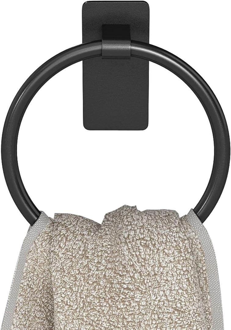 STWWO Adhesive Towel Ring, Hand Towel Holder for Bathroom, Adhesive Round Towel Ring for Bath RV, Black