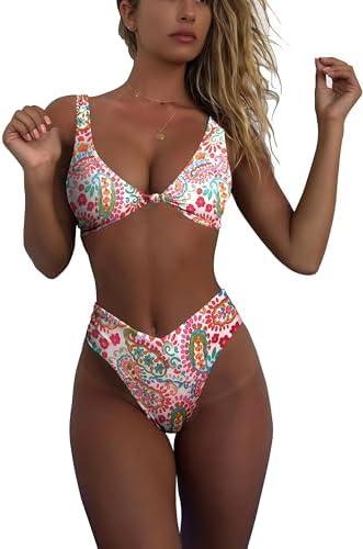 geluboao Bikini Set for Women Solid V Neck Knot Front Push Up High Leg Thong Two Piece Size Small
