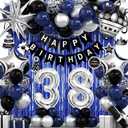 38th Birthday Decorations for Men and Women, Black Blue Silver Happy Birthday Number 38 Balloons, Banner, Fringe Curtains Garland Kit - 38 Year Old Party Supplies