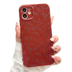 NITITOP for iPhone 12 Case Cute Flower Floral Leaves - Wine Red